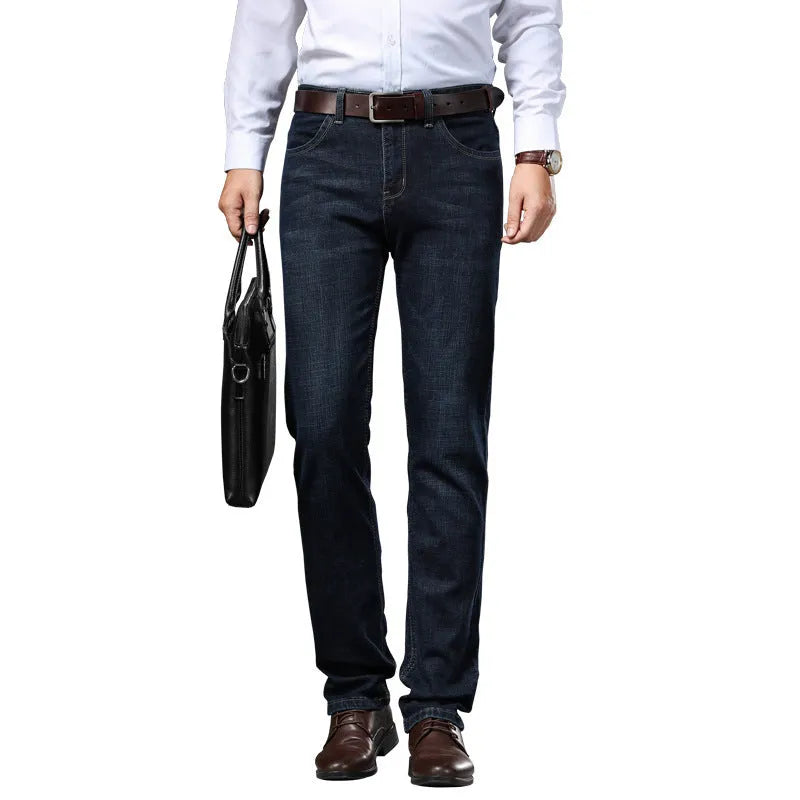 Stretch jeans in black and blue denim with straight-leg fit and high elasticity fabric