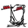 Black and red trunk-mounted car bike holder rack showing tie rope and pull belt fastening options