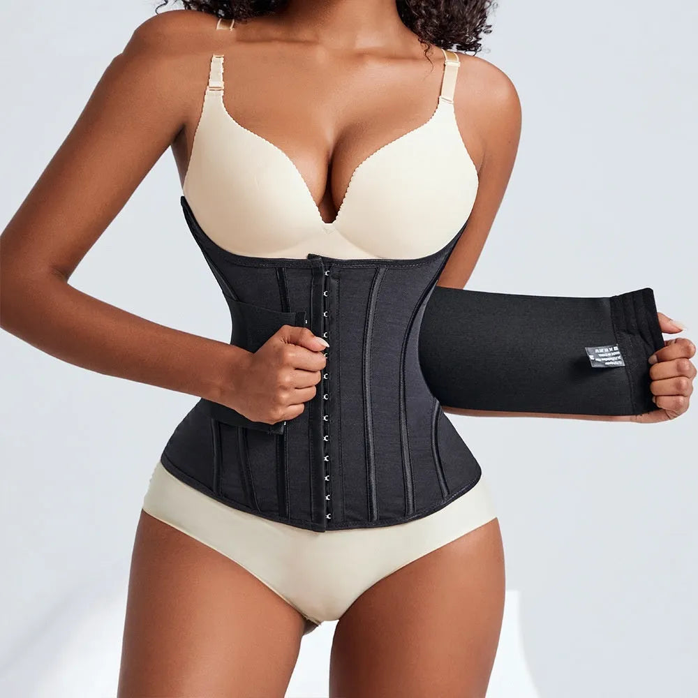 Nylon waist training belt in black and apricot colours for tummy slimming and fitness support