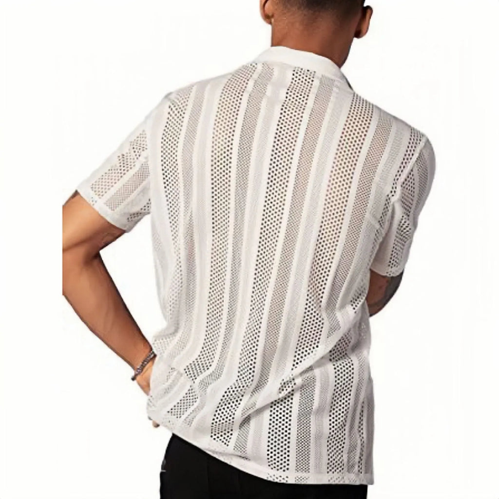 Men's black knitted short-sleeved button shirt with jacquard texture and cardigan style
