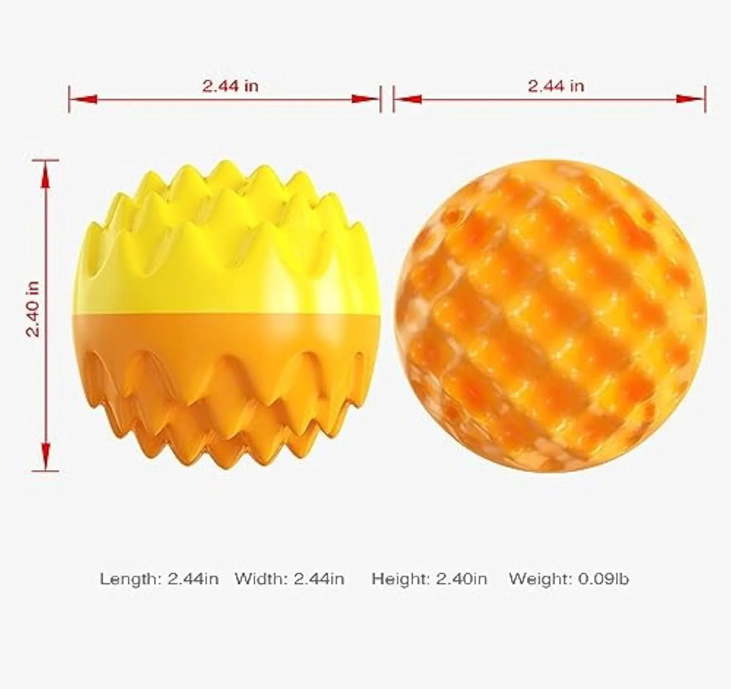 Blue rubber dog ball toy with spiky texture and squeaker for dental cleaning and water fetch