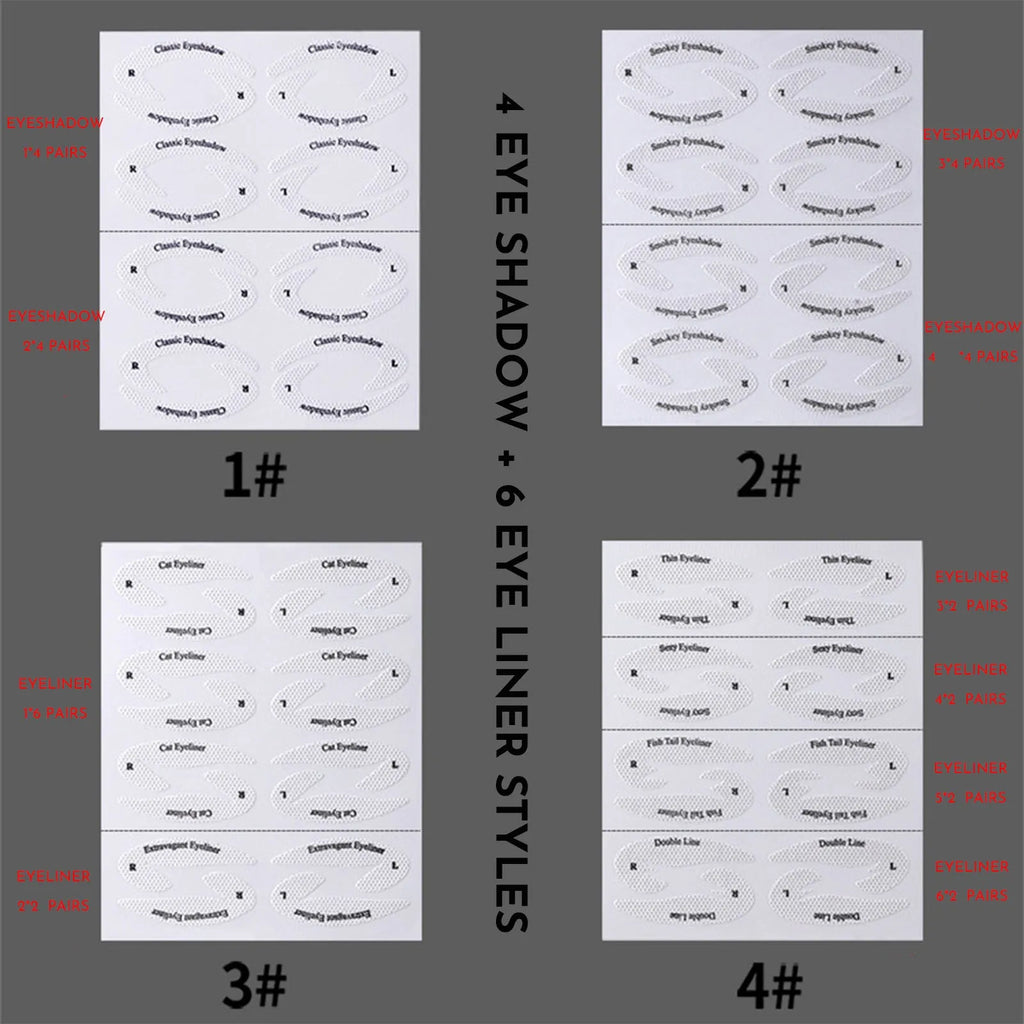 Set of four reusable flexible eyeliner and eyeshadow stencil stickers for makeup application.
