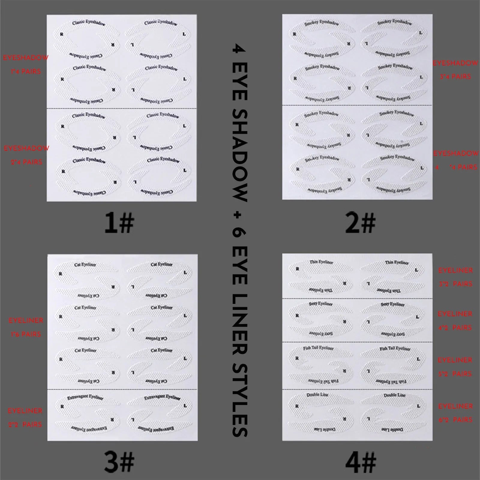 Set of four reusable flexible eyeliner and eyeshadow stencil stickers for makeup application.