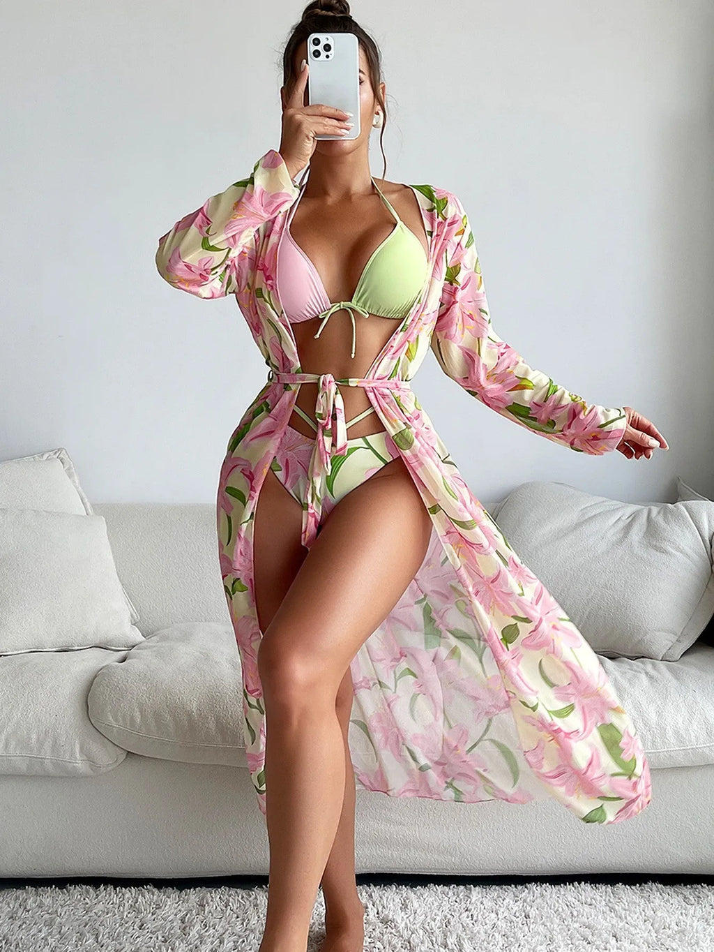 Women's printed two-piece bikini swimsuit on a mannequin