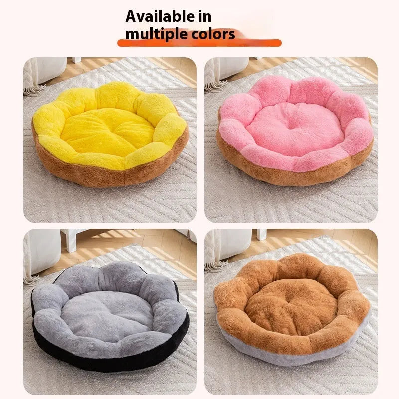 Round rabbit plush pet bed in brown grey colour with detachable washable design and reinforced edges