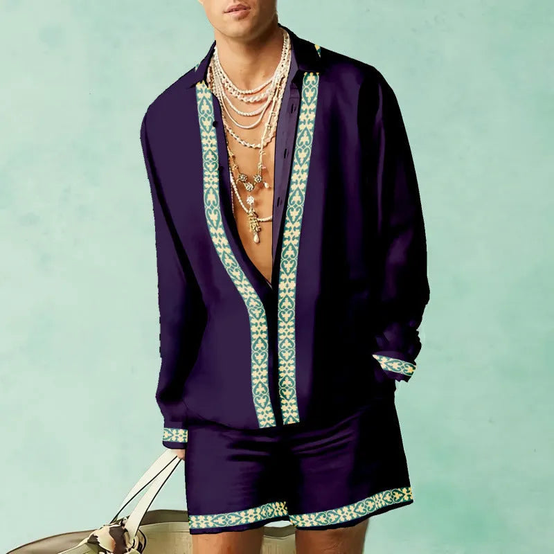 Men's casual summer shirt and shorts set in slim fit design with colour matching pattern