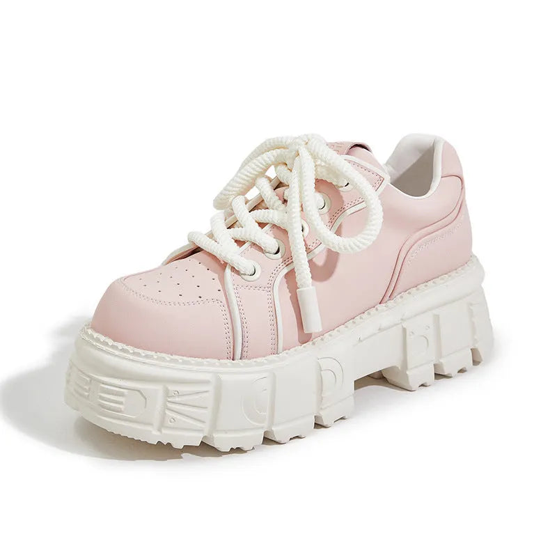Beige leather casual shoes with muffin bottom spring design for height increase