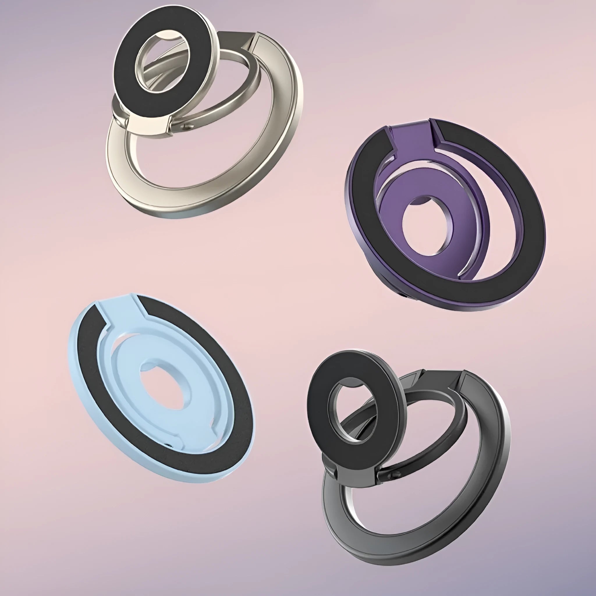 Double ring magnetic phone holder in cool black with alloy construction and strong magnetic force