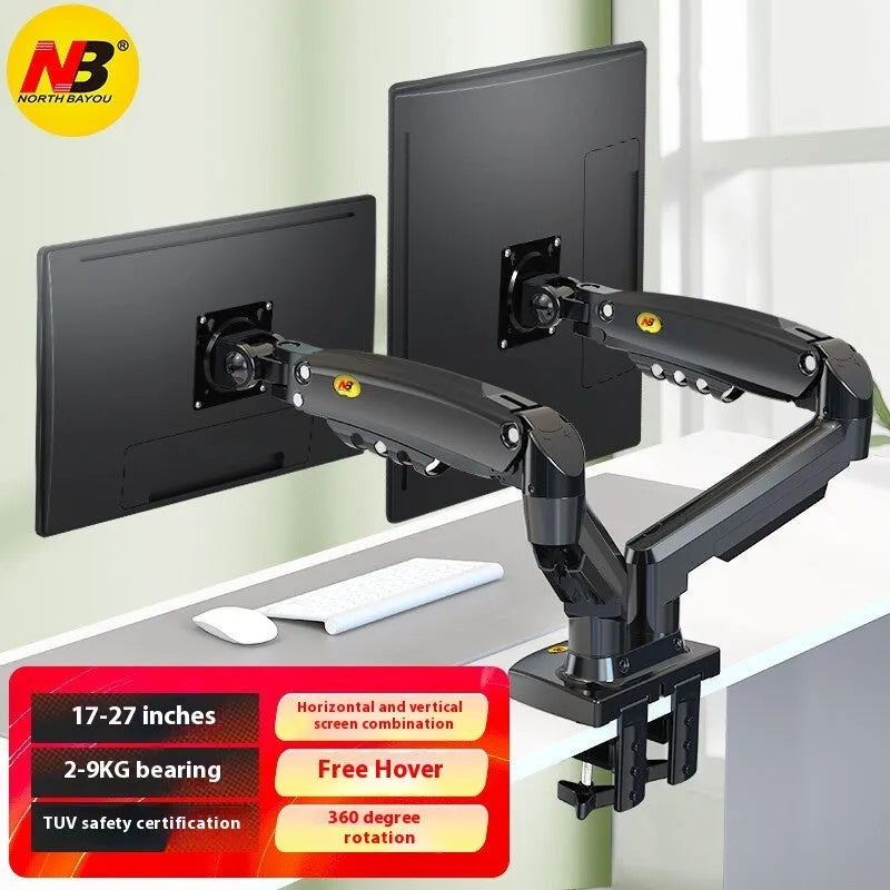 Dual monitor desk mount bracket in aluminium alloy with mechanical adjustment arms