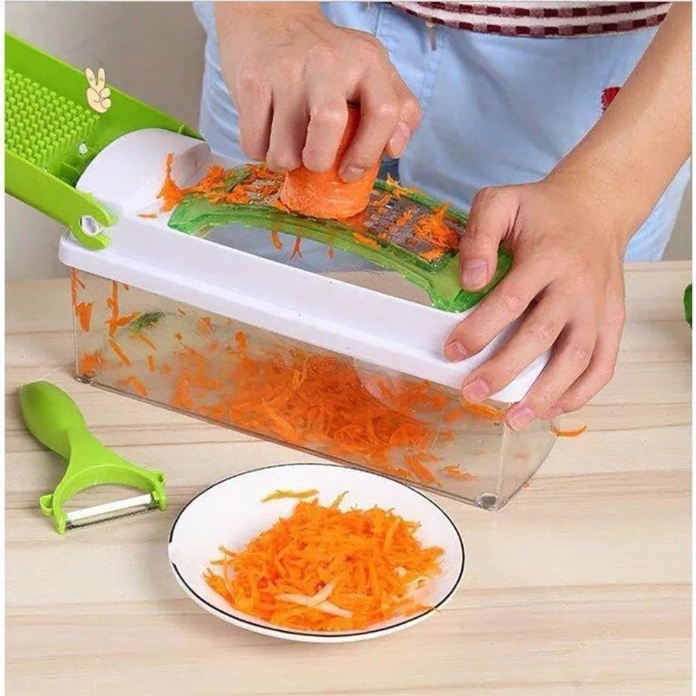 Green 12-piece manual vegetable chopper set with stainless steel blades on kitchen counter