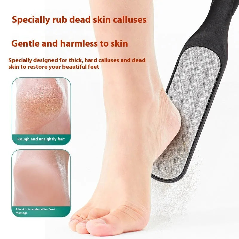 Stainless steel double-sided foot grinder with white and black abrasive heads for callus removal