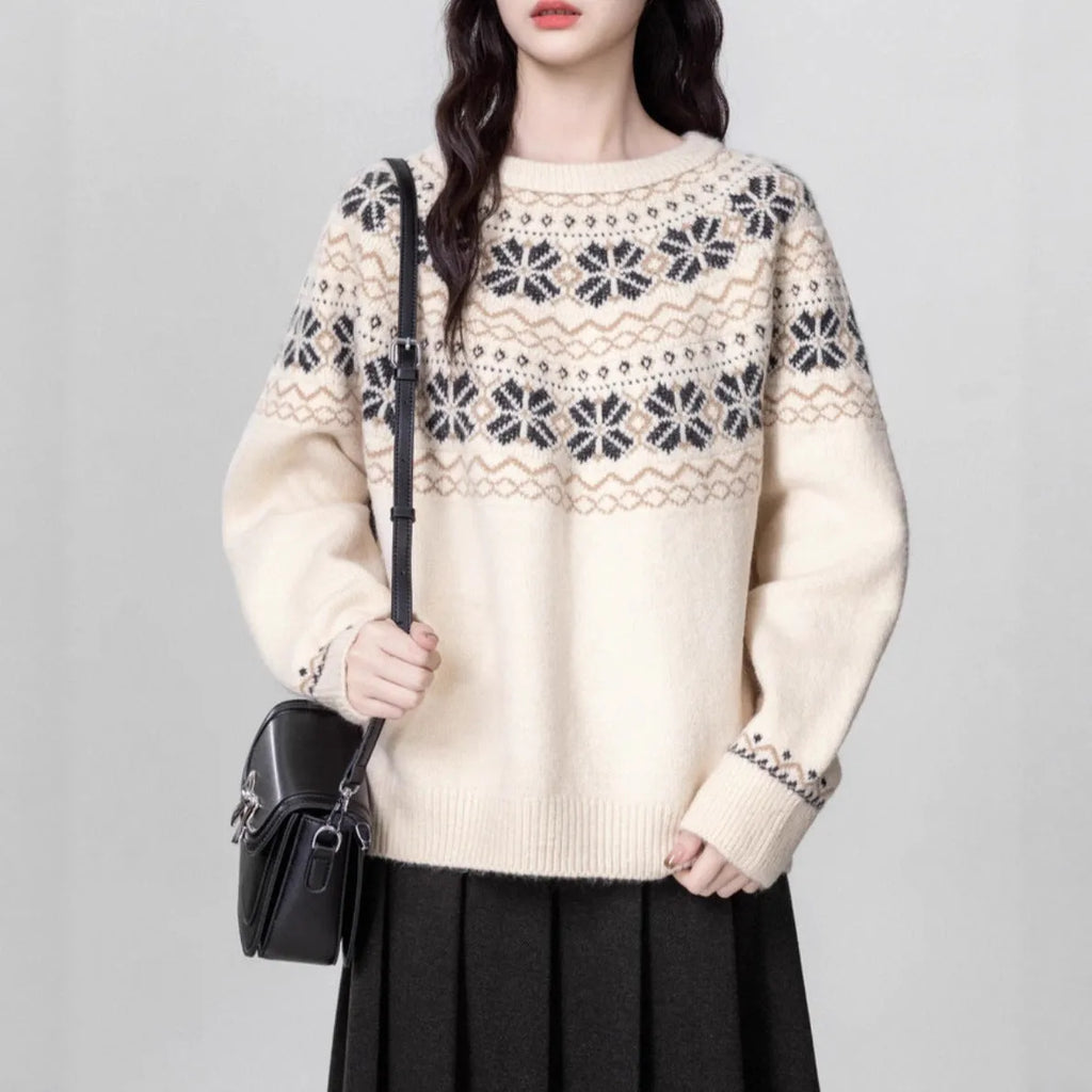 Women's milky white Fair Isle geometric pattern pullover sweater with crew neck and long sleeves