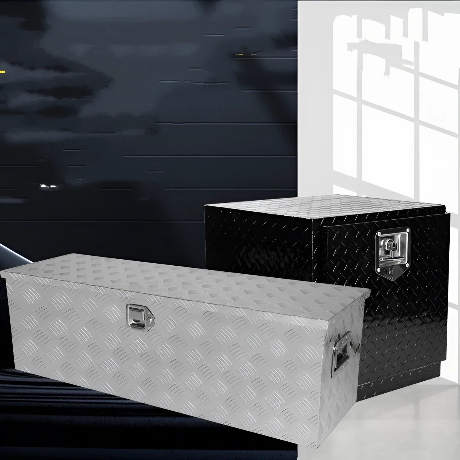 26-inch black aluminium toolbox with central carry handle for tool storage