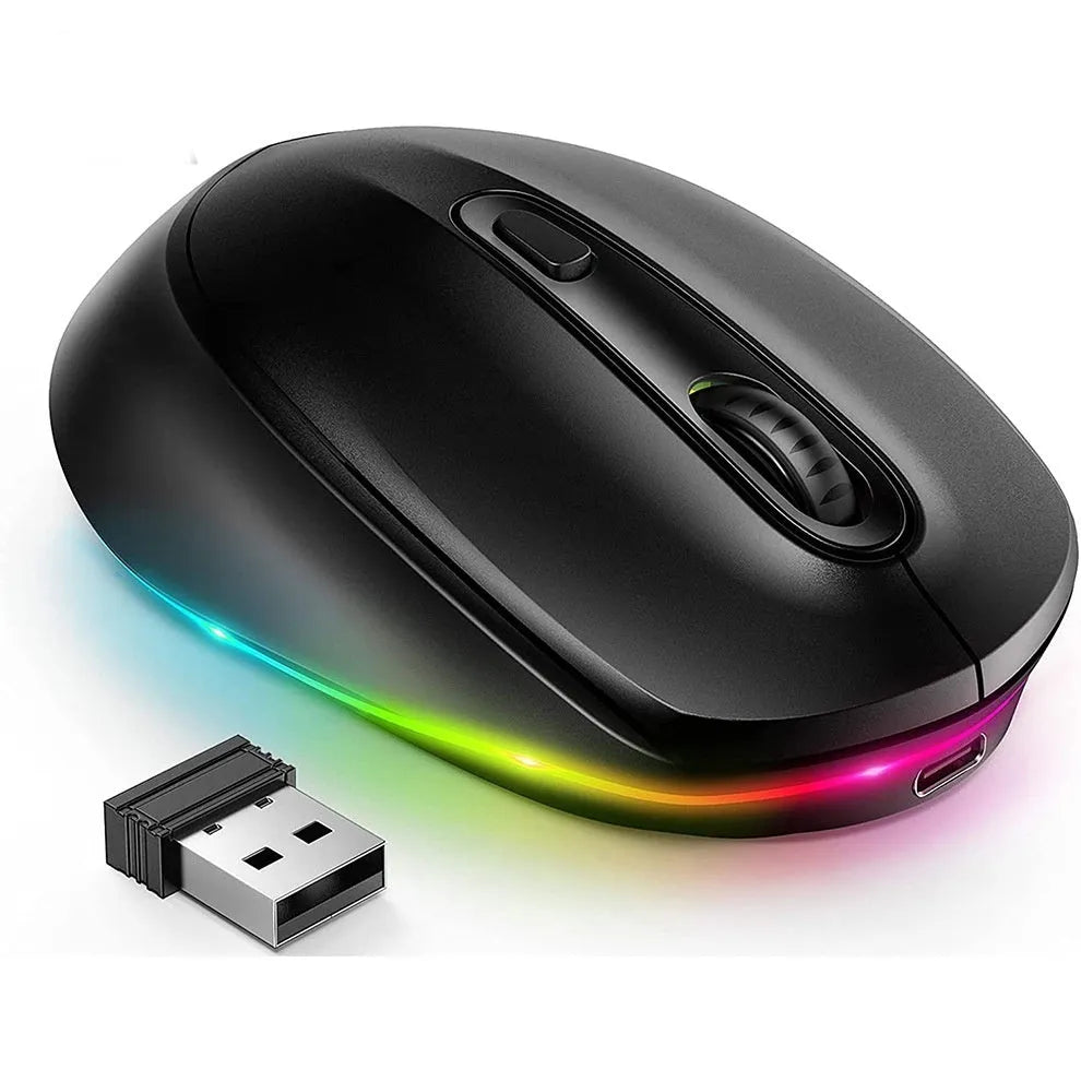 24g rechargeable wireless mouse in various colours, shown with USB charging cable.