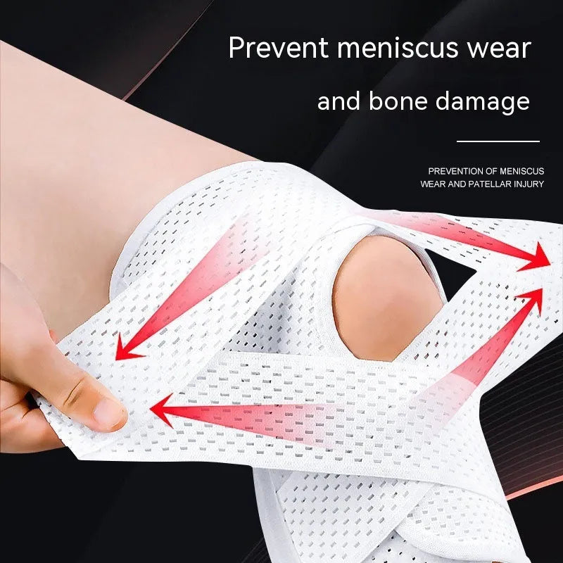 Black mesh knee protective sleeve for meniscus and patellar injury recovery on an adult leg.