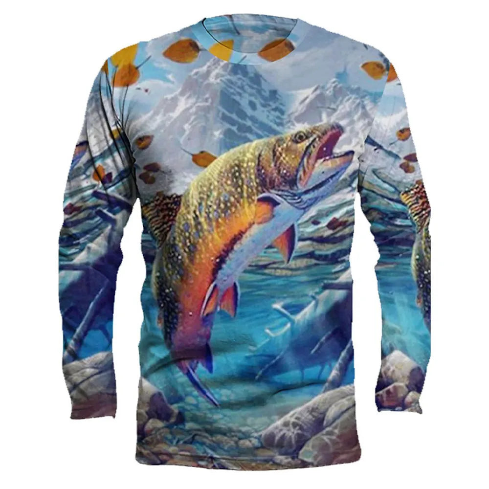 Men's grey long-sleeved pullover with a colourful fish graphic print on the chest.