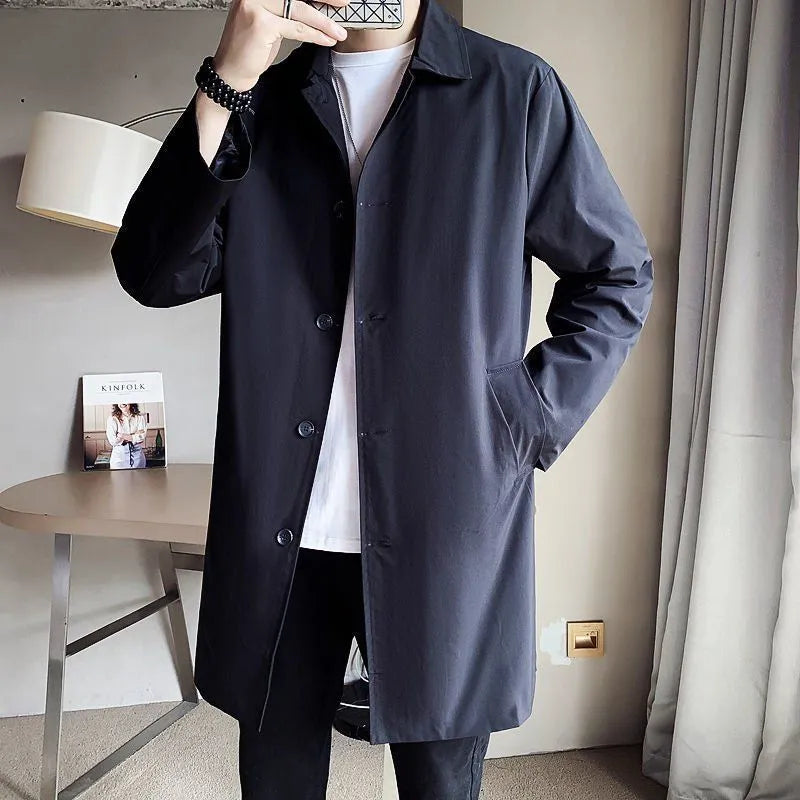 Men's loose fit rabbit fur trench coat in khaki colour with mid-length design