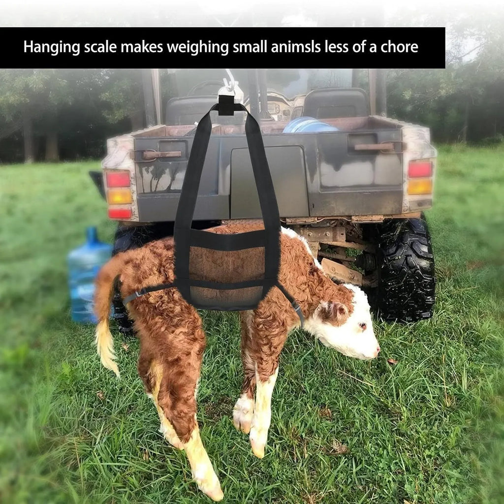 Large black calf sling weighing bag for livestock and pets, dimensions 35 by 150 centimetres.