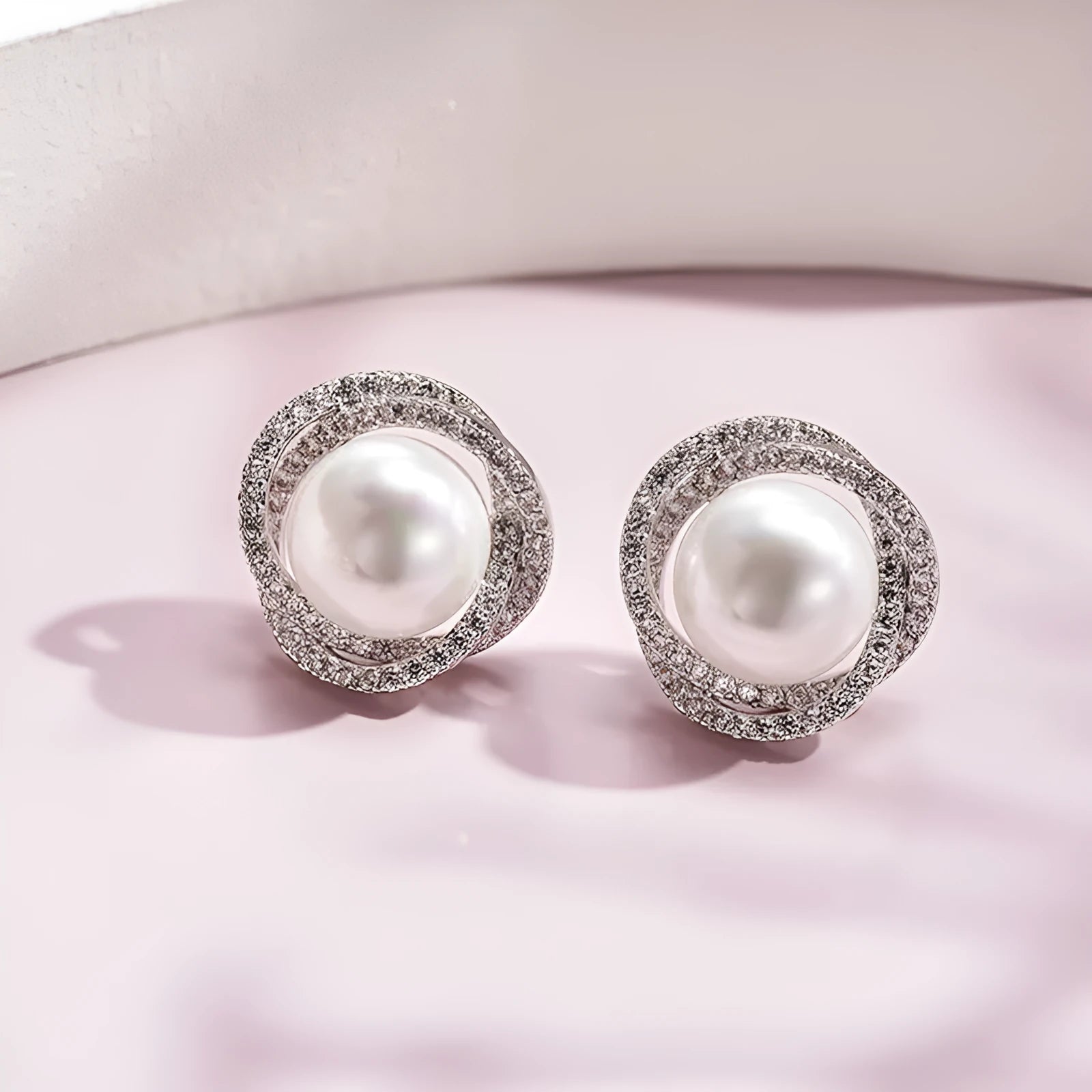 Diamond rose pearl stud earrings in white gold colour with rhinestone inlay on copper base