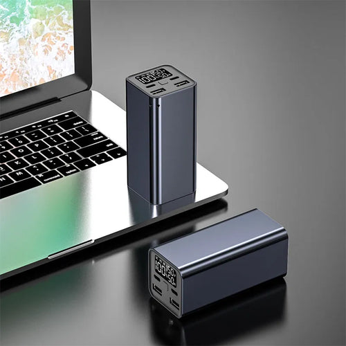 65W 20000mAh metal laptop charging bank in black, blue or grey colours showing compact dimensions