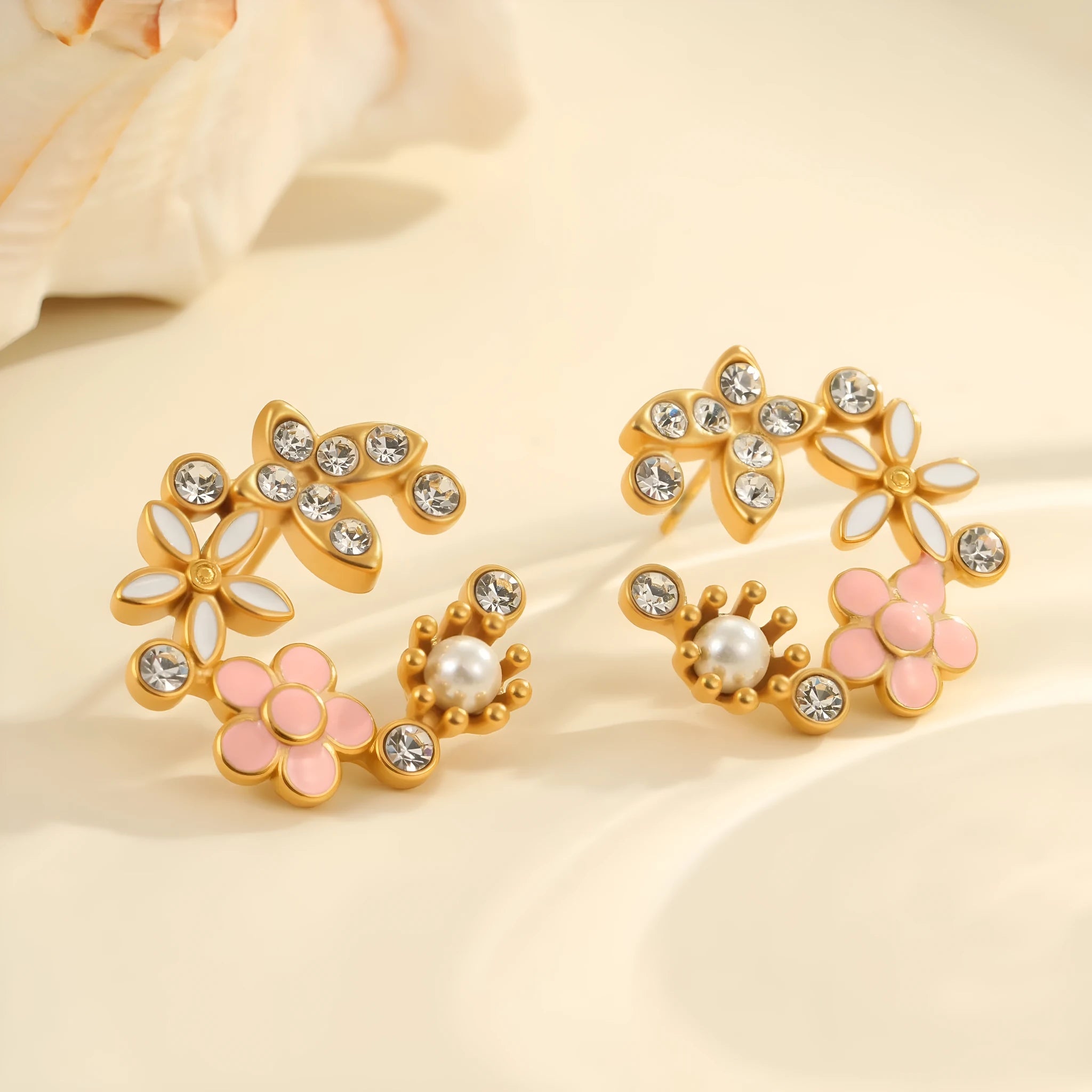 Stainless steel flower stud earrings with 18K gold electroplating and colourful oil diamond petal design