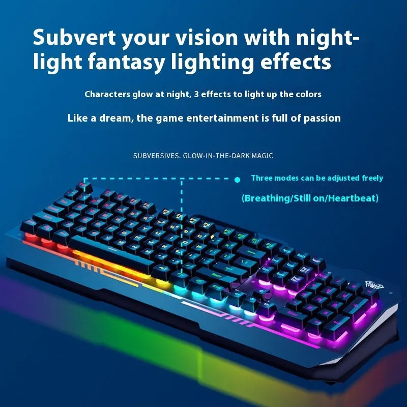 Mechanical gaming bundle showing black keyboard with blue backlighting alongside matching mouse and headset