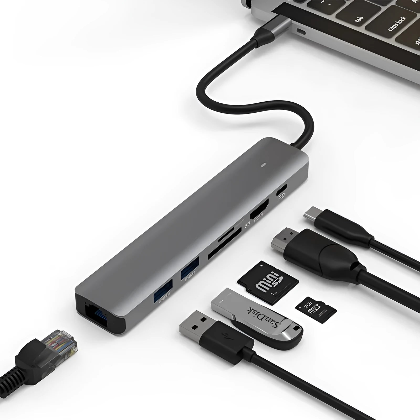 7-in-1 USB-C computer hub with card reader slots and custom logo printing option