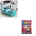 Children's bubble gun toy in pink, gold or black colours with trigger and bubble head, showing 2-in-1 fan function.