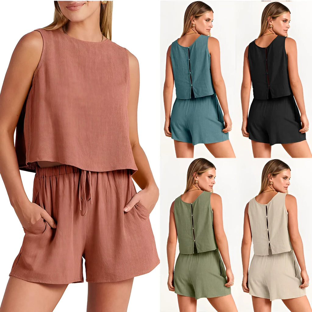Women's two-piece summer set with sleeveless top and drawstring shorts in rayon linen material