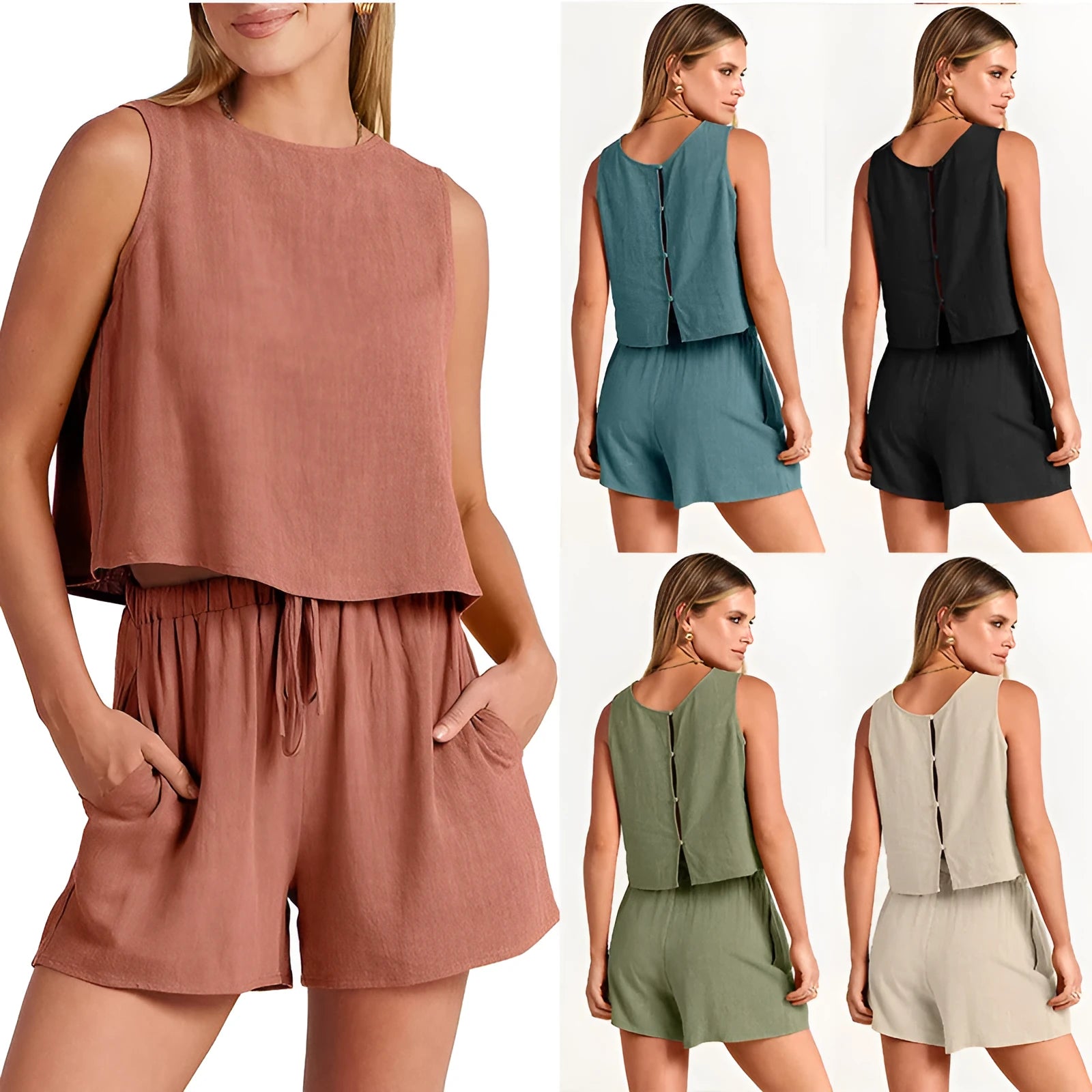 Women's two-piece summer set with sleeveless top and drawstring shorts in rayon linen material
