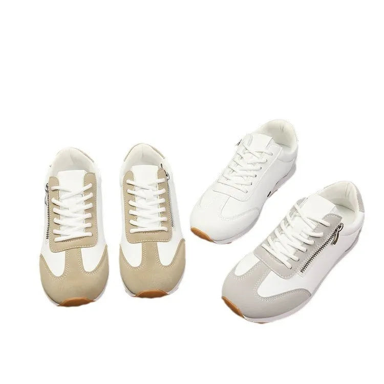 Women's flat shoes in champagne, grey and white with an artificial PU upper and rubber sole.