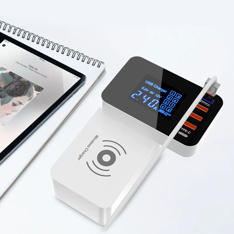 White multi USB and wireless fast charger with UK plug and international travel adaptors