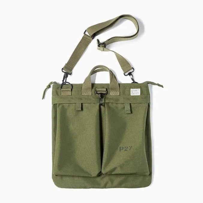 Canvas messenger crossbody bag in charcoal black with shoulder strap and hard handle