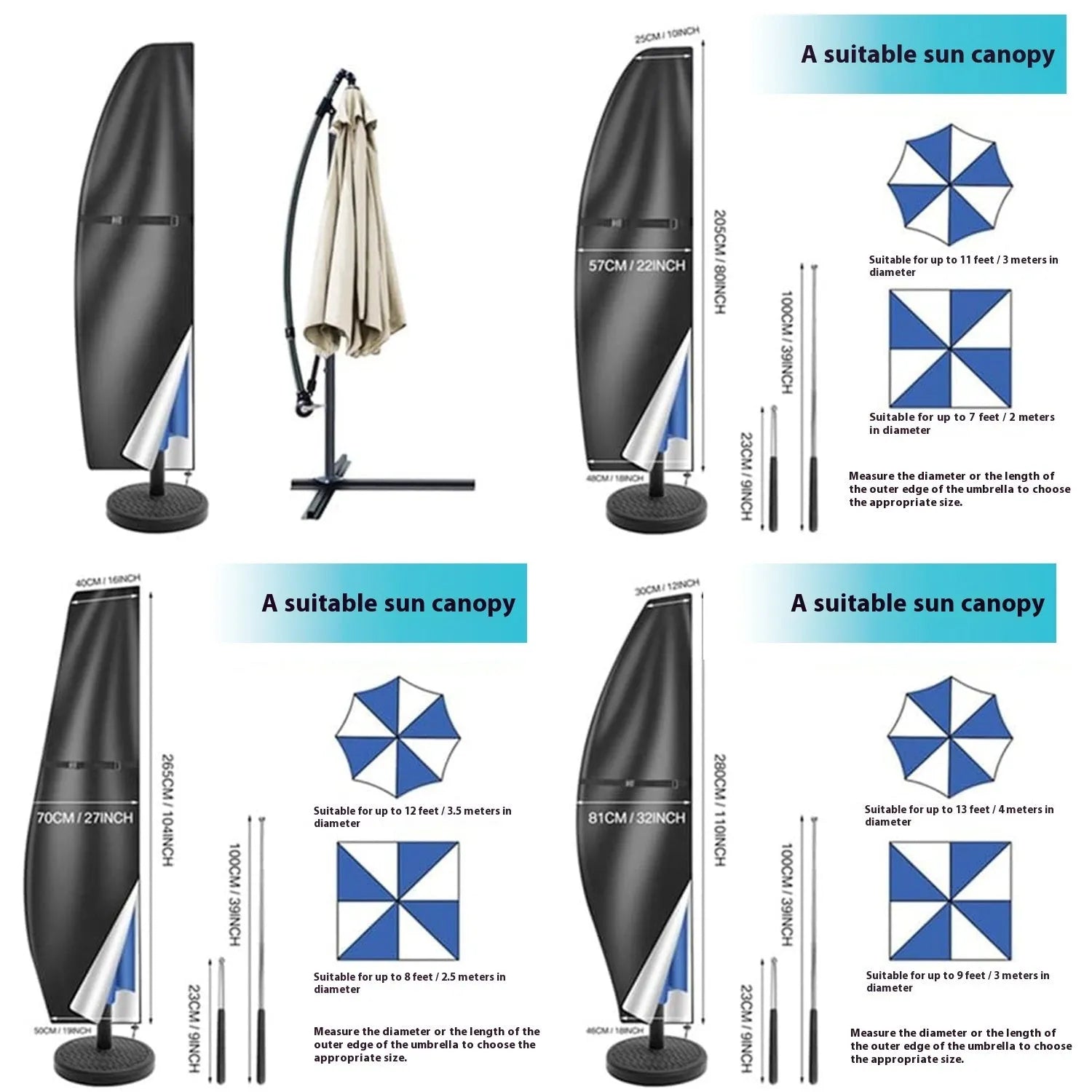 Waterproof black outdoor offset banana umbrella cover for garden furniture protection