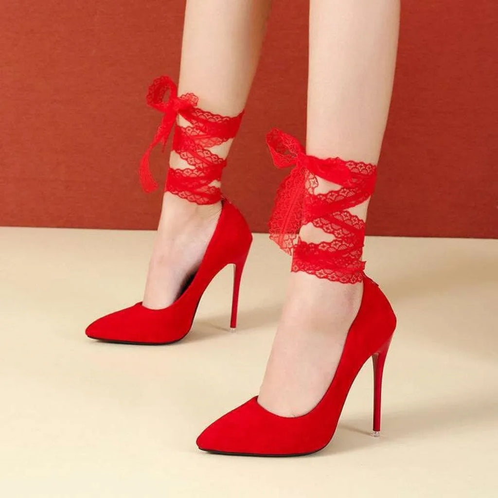 Women's black pointed toe stiletto shoes with strap fastening detail