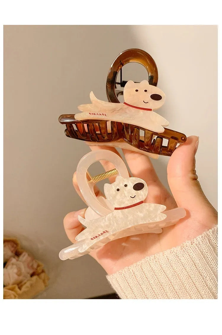 Korean style puppy hair grip barrettes in beige and brown colours with cartoon animal design