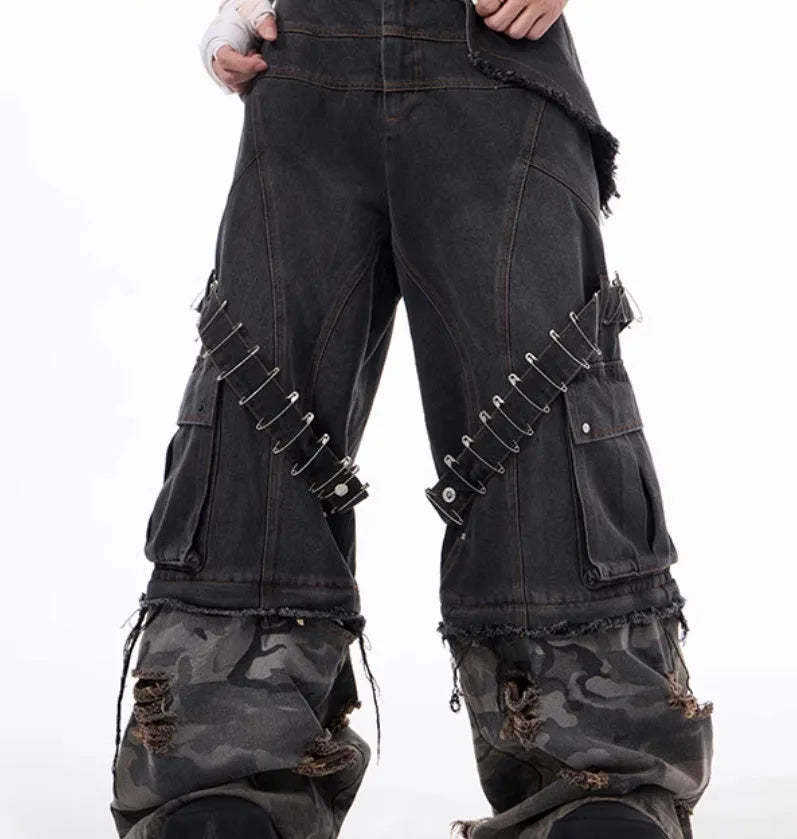 Grey men's jeans with camouflage pattern and ribbon splicing details on cotton denim.
