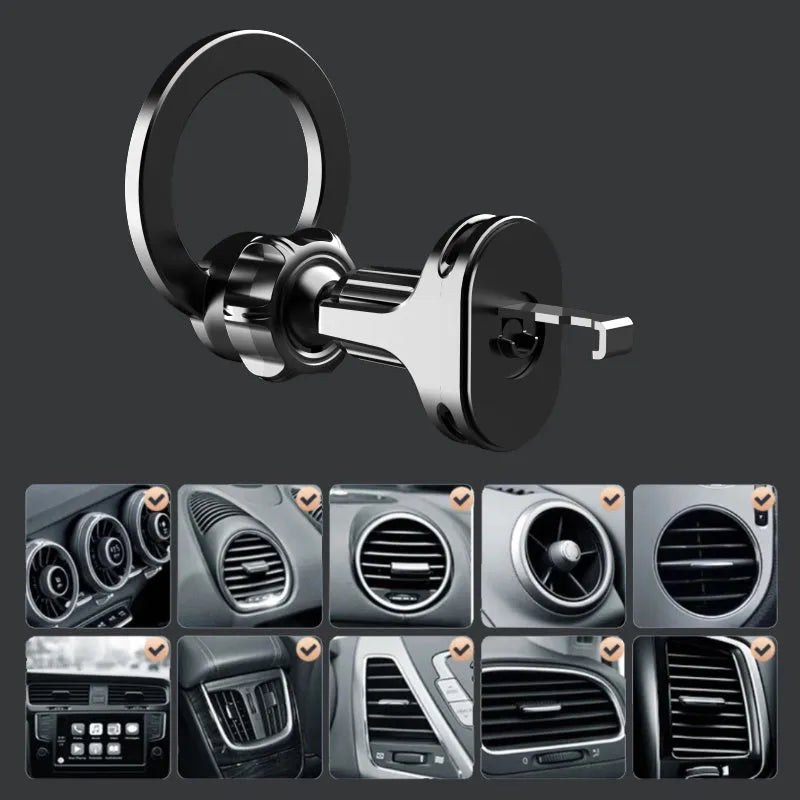 Black magnetic car air vent phone holder with O-ring bracket for mobile devices up to 6.8 inches