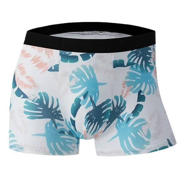 Men's ice silk printed underwear in polyester fabric showing floral design with mid waist cut