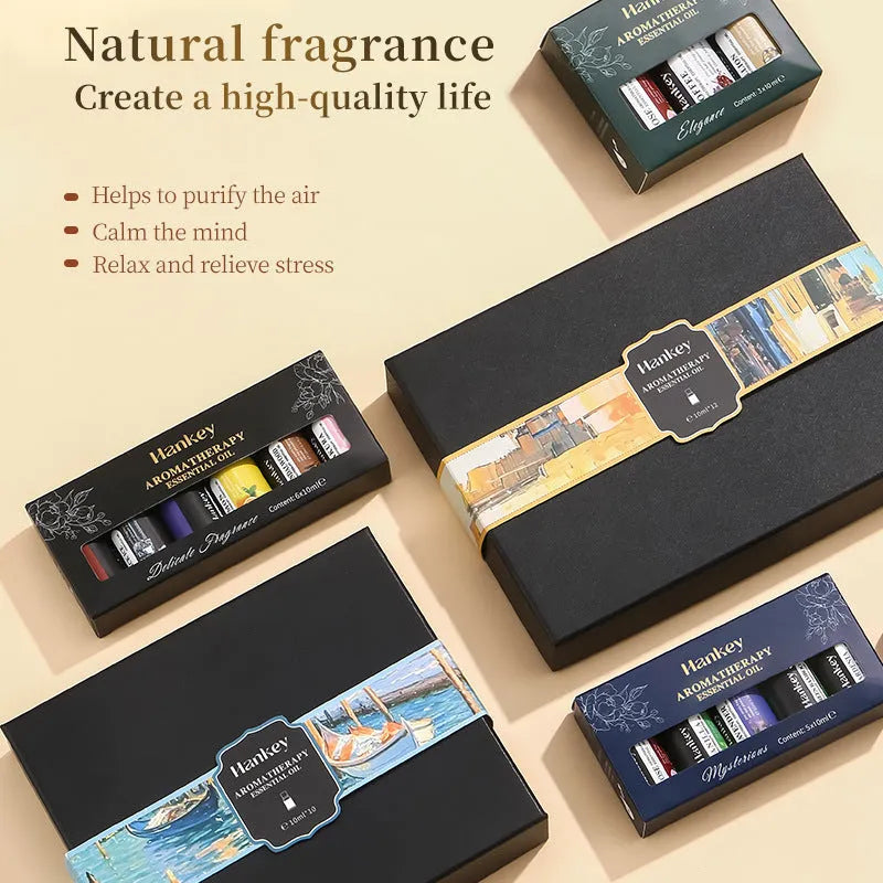 Water soluble aromatherapy essential oil sets in boxed packaging with multiple bottle options