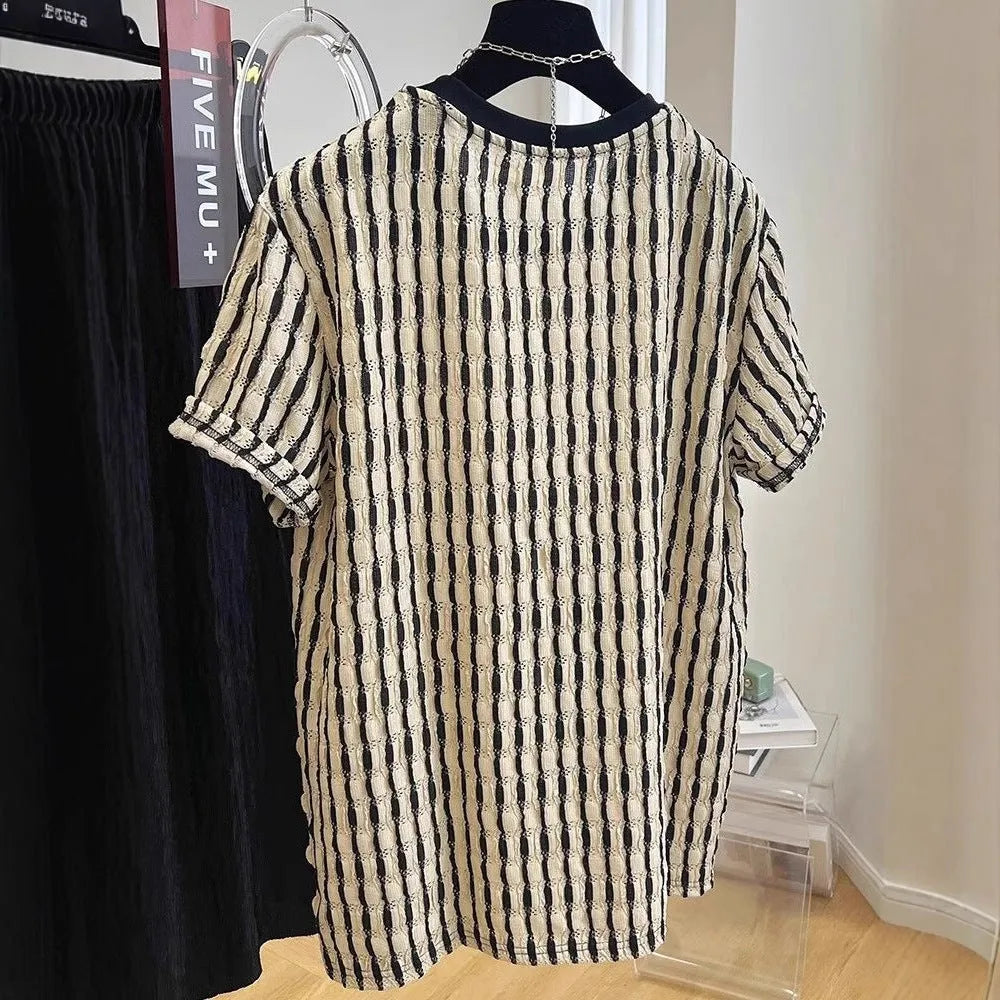 Black striped men's loose pullover shirt with short sleeves made from linen and silk blend fabric