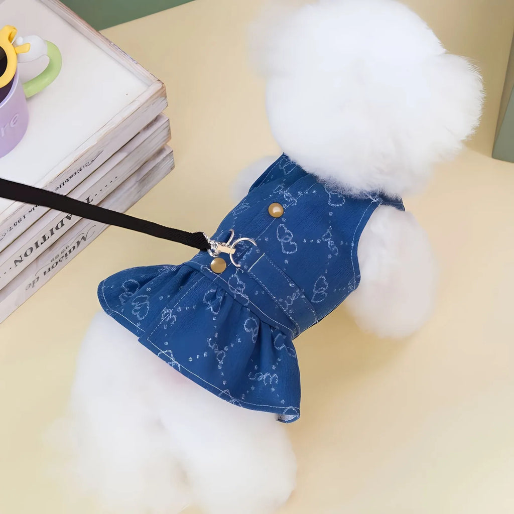 Denim princess dress for small dog in bracket-skirt style, spring and autumn thin design