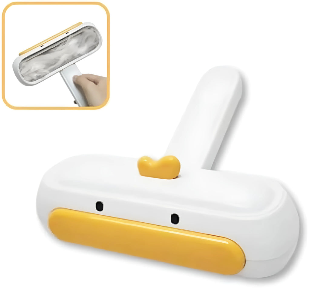 White duck-shaped pet hair remover tool with handle and bristles for removing pet fur