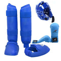 Karate protective gear set with red leg guards, helmet, and boxing gloves for martial arts training