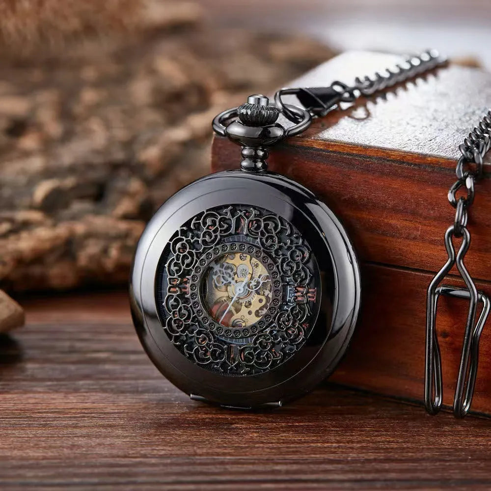 Retro hollow floral print automatic mechanical pocket watch with transparent case back showing movement