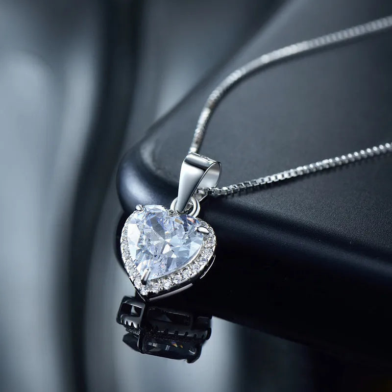 S925 sterling silver heart-shaped zircon pendant necklace on silver box chain, 40+5cm length
