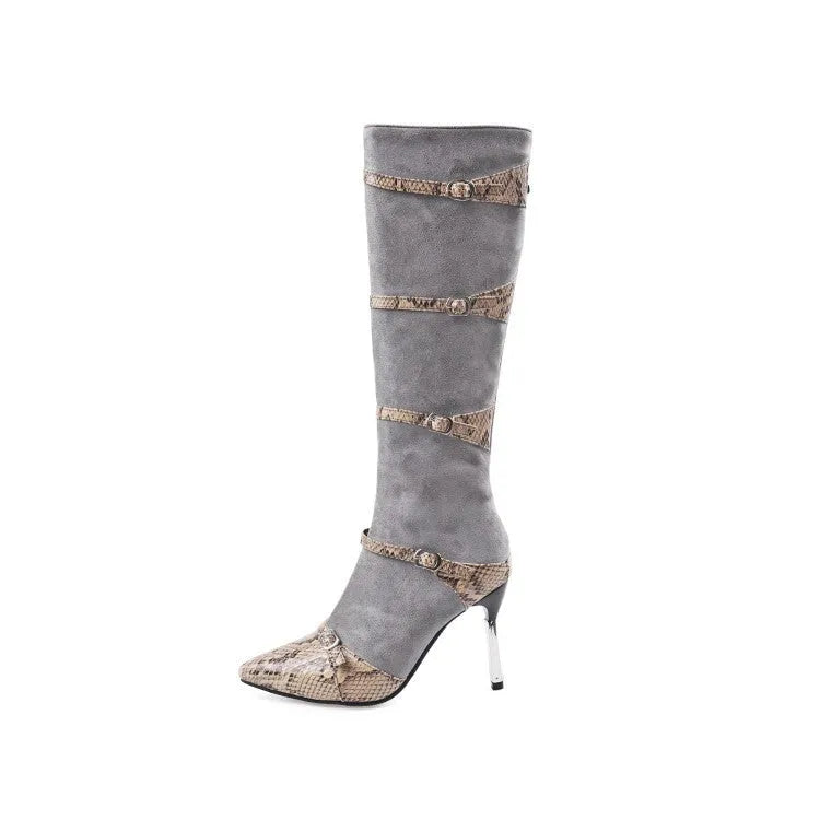 Grey and black women's knee-high boots with a thin high heel on a plain background.