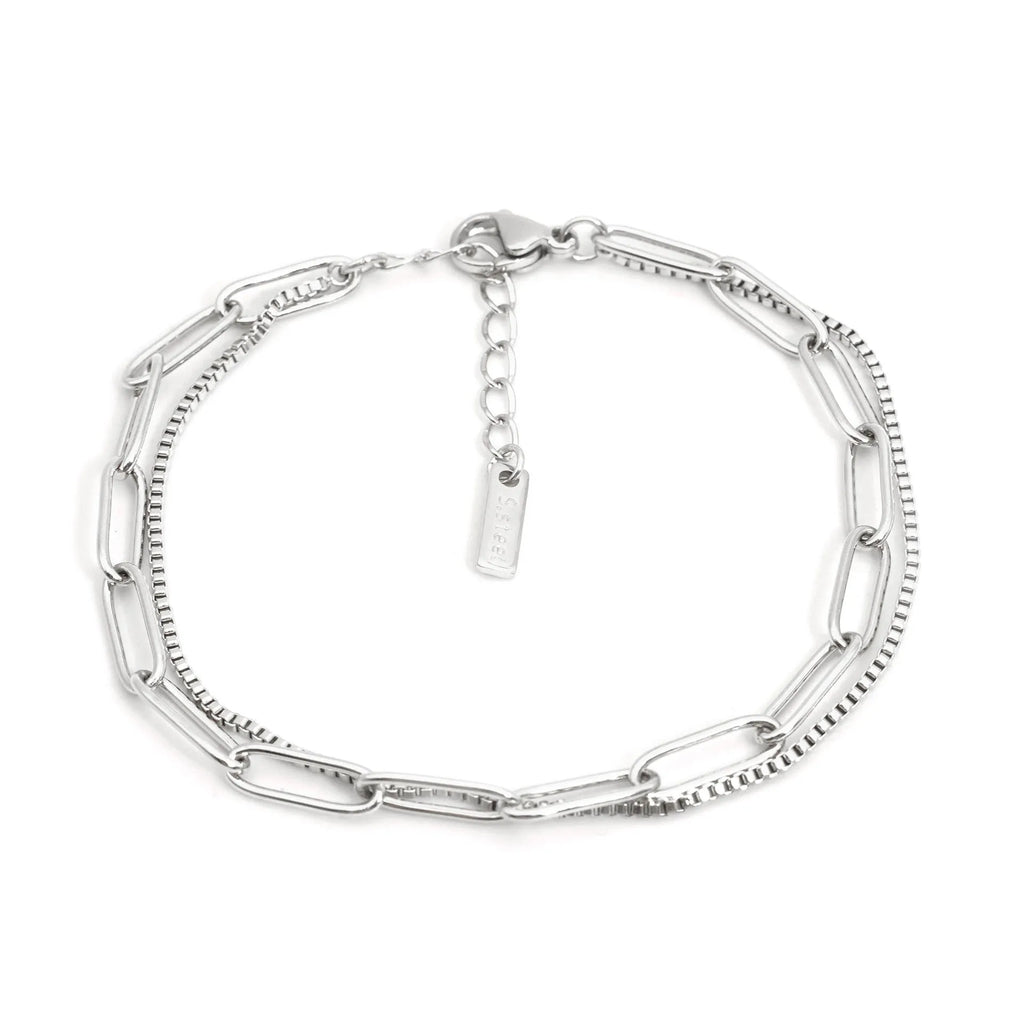 Women's double layer twin titanium steel bracelet in a geometric cold style, shown in gold and silver colours.