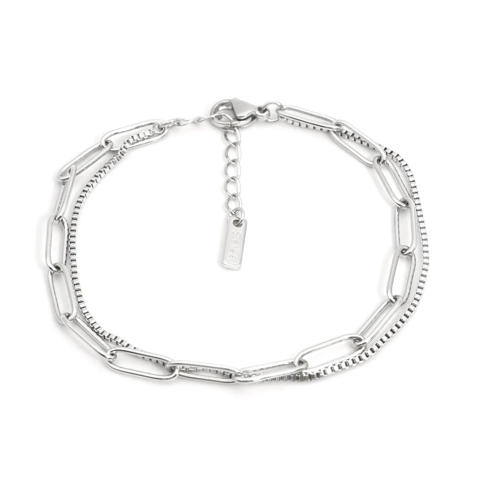 Women's double layer twin titanium steel bracelet in a geometric cold style, shown in gold and silver colours.