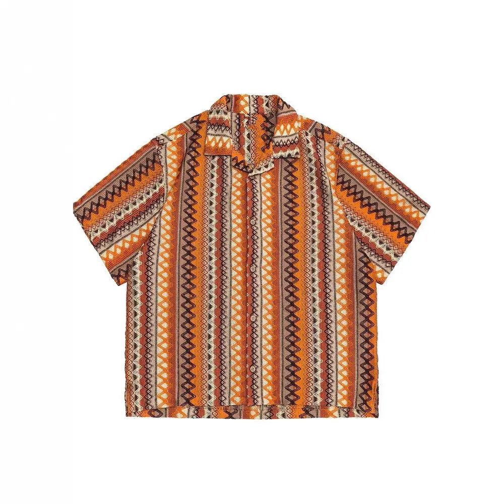 Ethnic pattern Cuban collar shirt in loose fit with contrasting colours and drop-shoulder sleeves